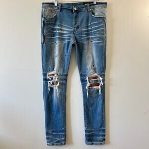 GTFO Distressed Edgy Sequin Paint Splatter Stretch Blue Jeans Mens 40